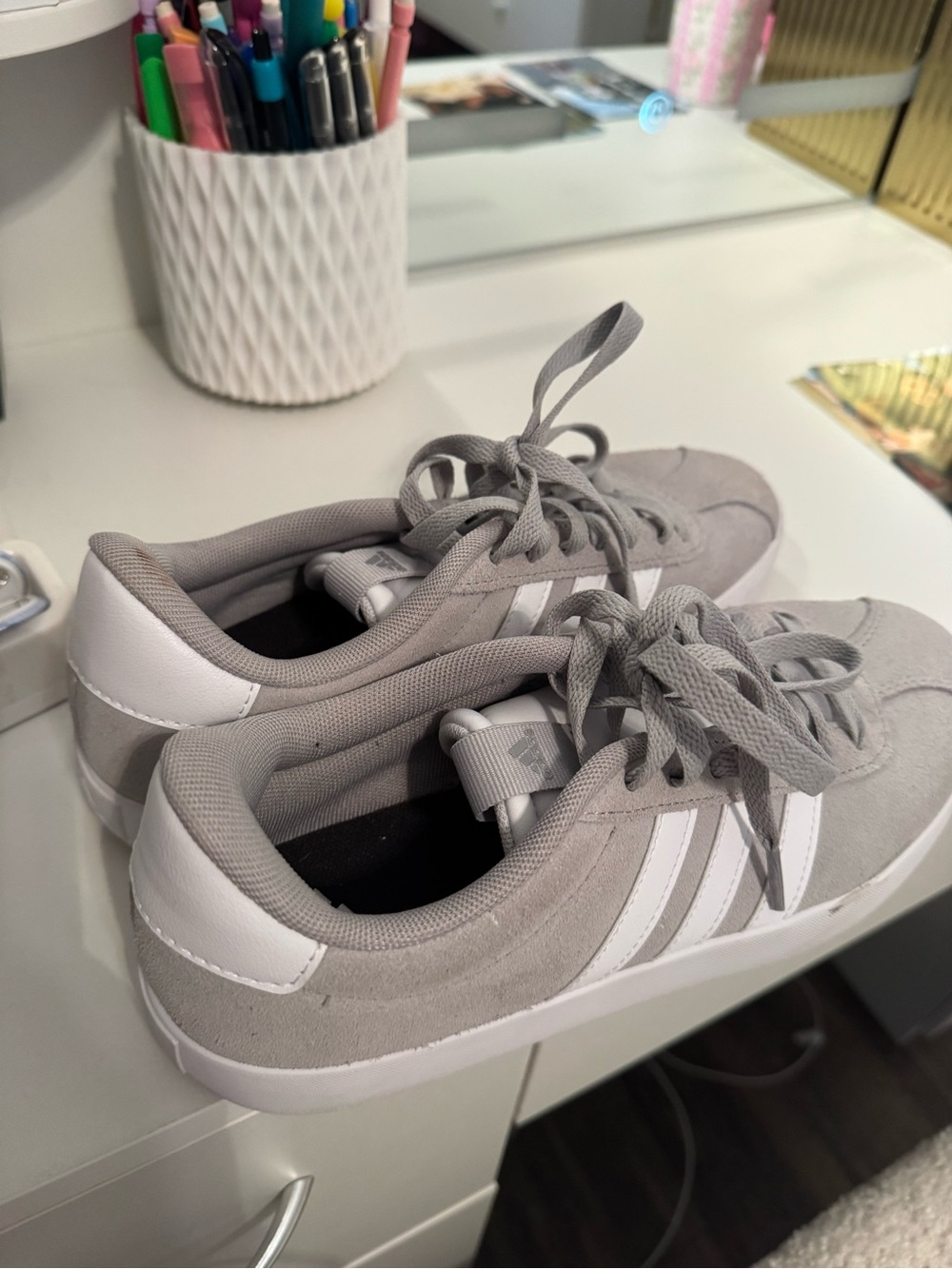 Adidas Women's Gray Suede Sneakers with White Stripes
